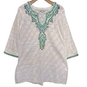 Sulu Collection Women’s Size 6 White Green Blue Embroidered Sequin Tunic Dress